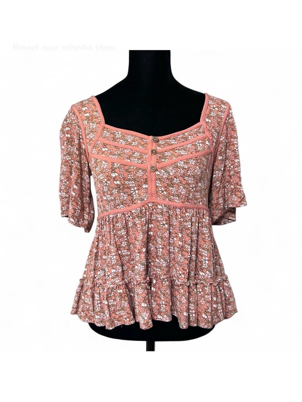 Rewind Pink Floral Square-Neck Peplum Blouse XS, Short Sleeve W/Ruffle Hem
